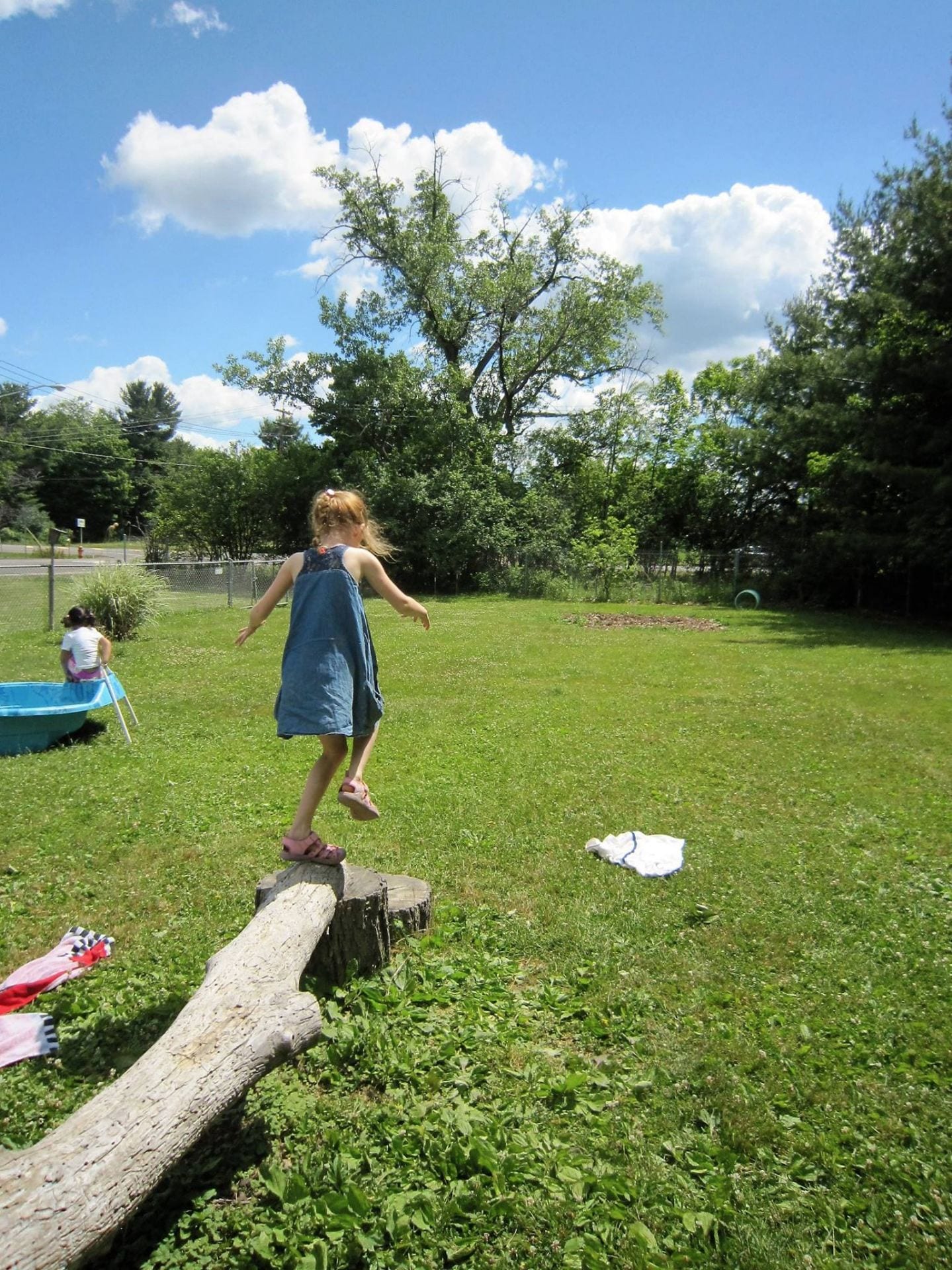 Child walking on a log bridge.
